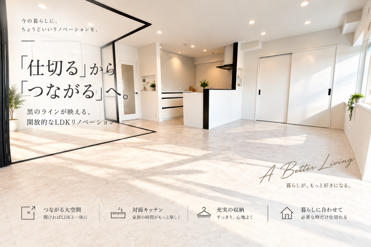 「仕切る」から「つながる」へ。黒のラインが映える開放的なLDKリノベーション